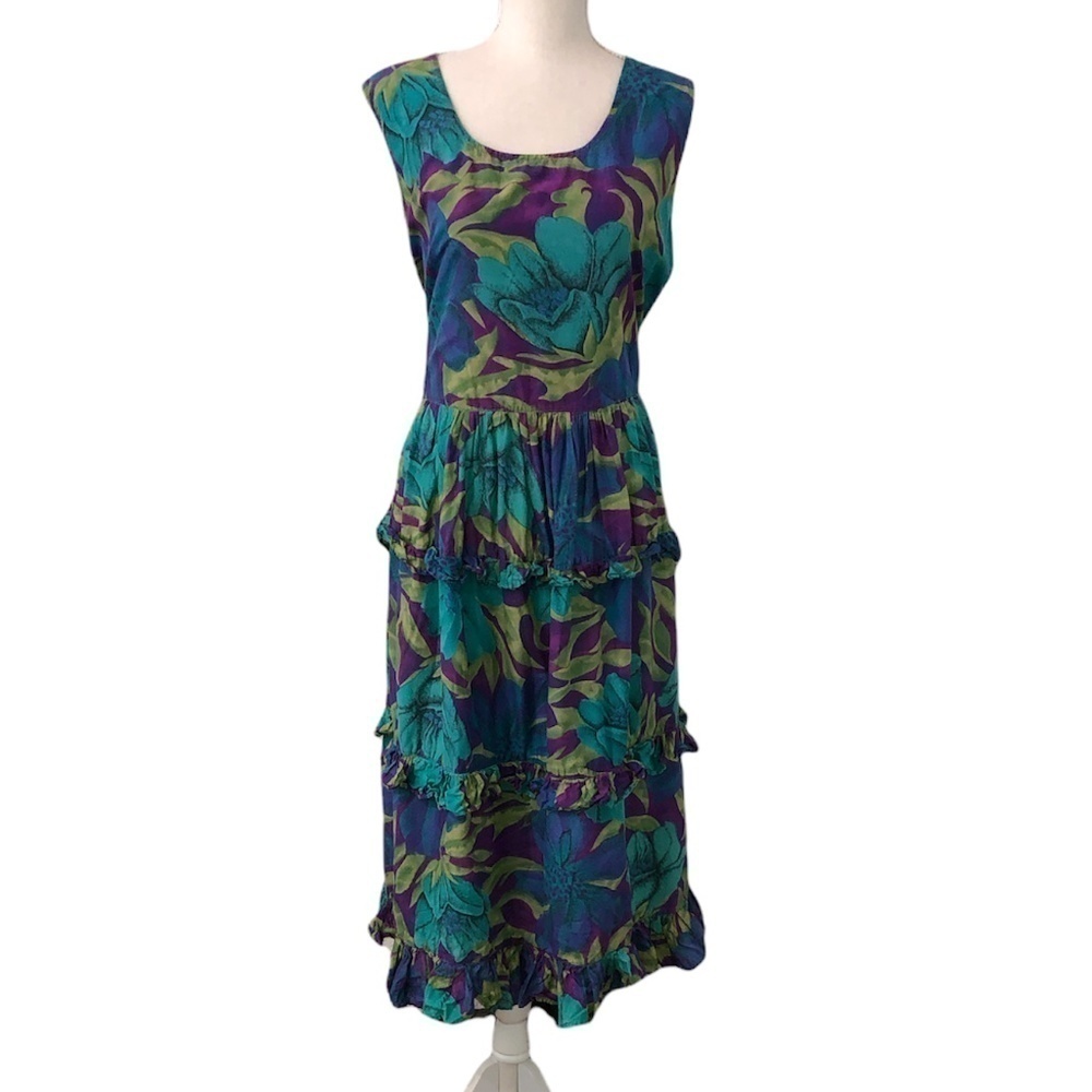 ADRIAN JORDAN Maxi Dress Women's 18/20 Green Ruffle Detail Floral Vintage
